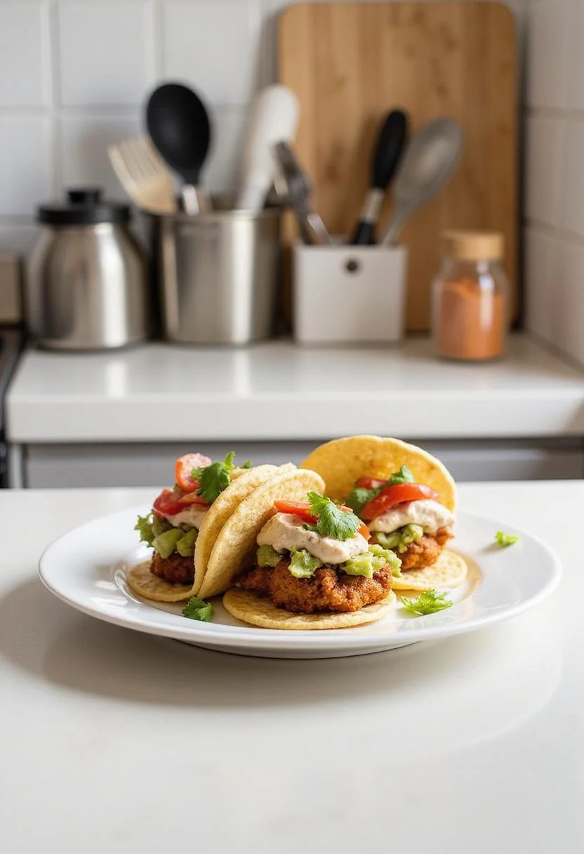 Image of cooked Air Fryer Taco Bombs on a plate in a kitchen setting, with fresh toppings and natural light, showing a prepared and inviting home-cooked meal.