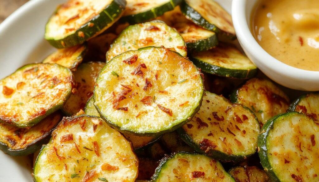 Crispy golden zucchini chips stacked neatly on a white plate, with a few scattered around to showcase their crunchy texture and vibrant green edges, set against a rustic wooden background.