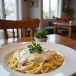 A cozy home setting featuring a plate of Alfredo sauce over fettuccine, garnished with fresh herbs and served on a white ceramic plate on a wooden table with warm lighting and homey background elements.