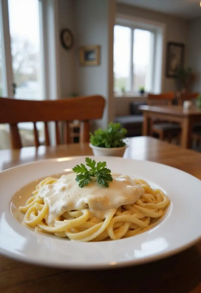 A cozy home setting featuring a plate of Alfredo sauce over fettuccine, garnished with fresh herbs and served on a white ceramic plate on a wooden table with warm lighting and homey background elements.