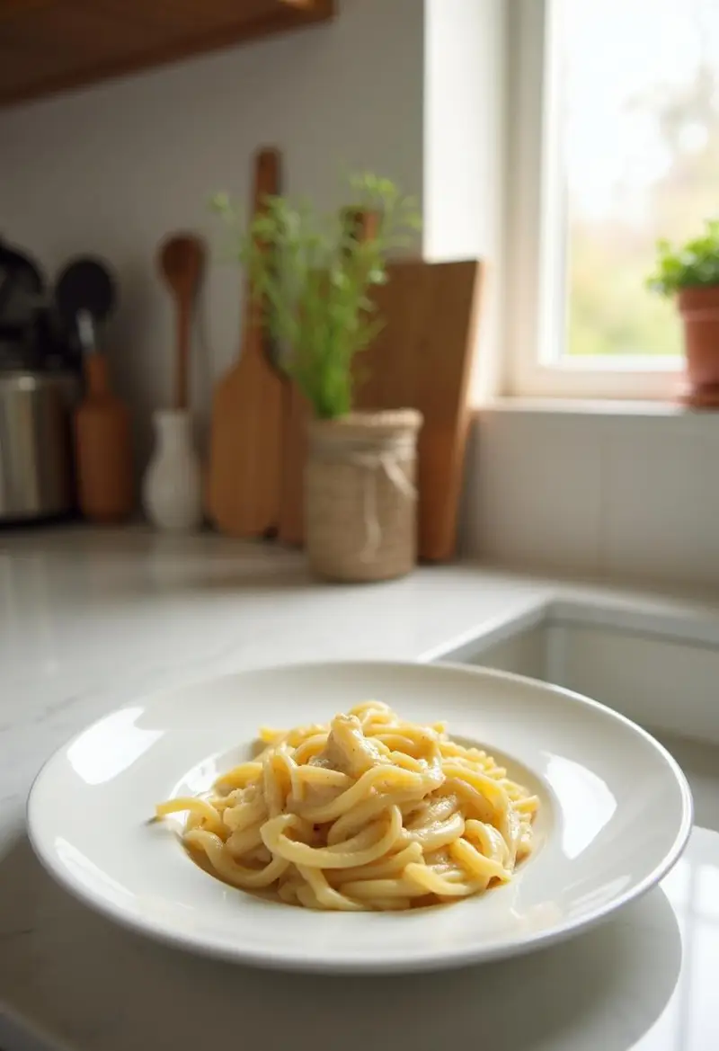A kitchen scene with a plate of Alfredo sauce pasta on a countertop, surrounded by kitchen tools and ingredients, in a well-lit and welcoming kitchen setting.