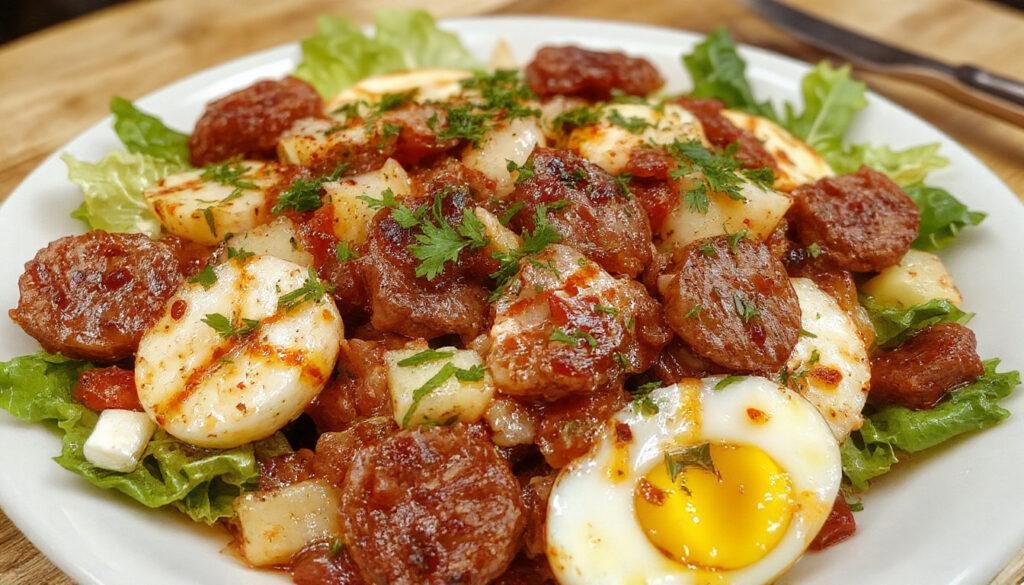 A vibrant antipasto salad featuring sliced Italian meats, marinated vegetables, and cheese arranged artfully on a white plate. The colorful ingredients include green olives, cherry tomatoes, red onions, and slices of cured meats like salami and prosciutto, all garnished with fresh herbs. The textures are a mix of crispy vegetables and tender meats, creating an inviting and appetizing presentation.