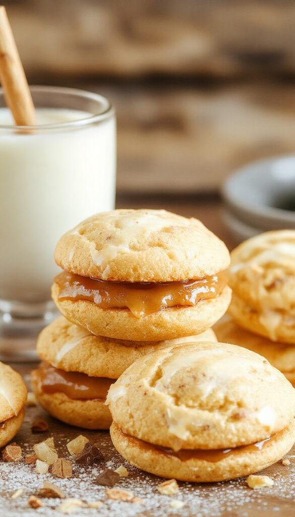 A close-up of Apple Cider Whoopie Pie cookies with caramel filling showing soft, cookie sandwich with rich caramel oozing out.