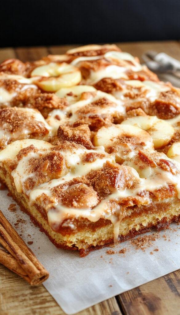 A generous slice of apple cinnamon sheet cake on a rustic plate, garnished with a sprinkle of cinnamon and apple slices on the side.