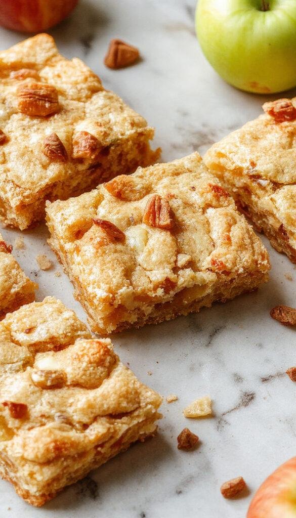 A close-up of Apple Crisp Shortbread Bars featuring golden-brown crust topped with apple slices and cinnamon crumble.