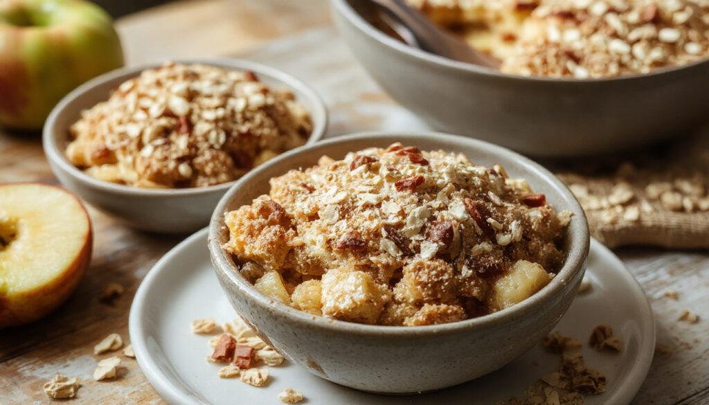 A close-up of a golden-brown apple crumble with a crunchy oat topping in a rustic ceramic dish. The crumble showcases tender apple filling beneath the crispy topping, with a few scattered oat flakes around the dish. The background is softly blurred, emphasizing the inviting texture and warm tones of the dessert.