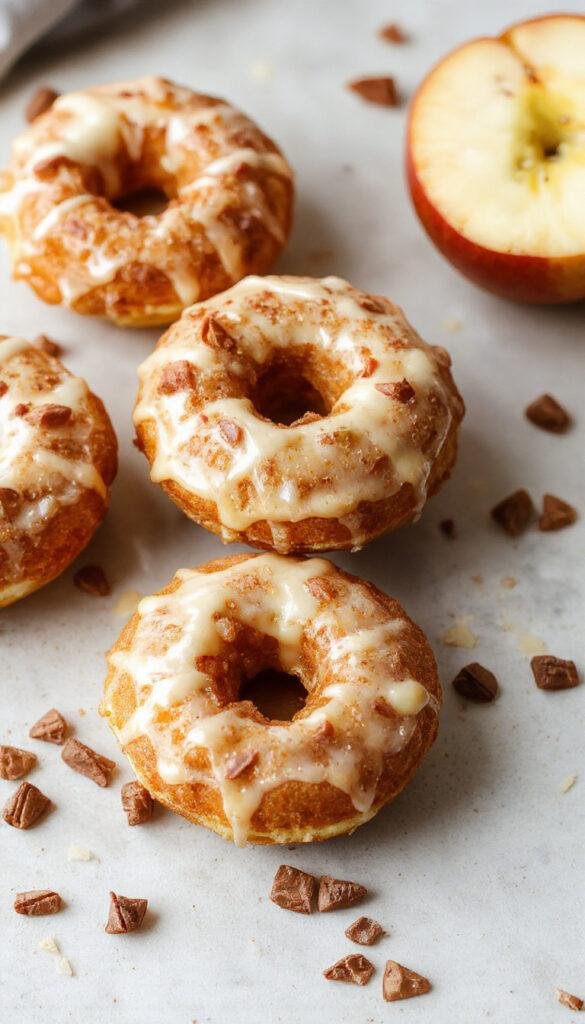 A plate of freshly made Apple Fritter Waffle Donuts coated with cinnamon sugar, garnished with apple slices and powdered sugar.