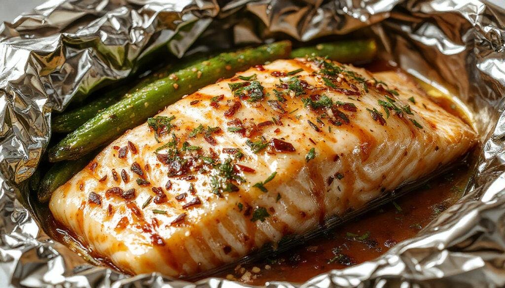 A perfectly cooked salmon fillet wrapped in shiny foil, garnished with fresh green herbs and sesame seeds, with a glossy glaze visible through the foil. The foil is partially open to reveal the tender, flaky salmon inside, set against a rustic wooden plate with colorful vegetables nearby.