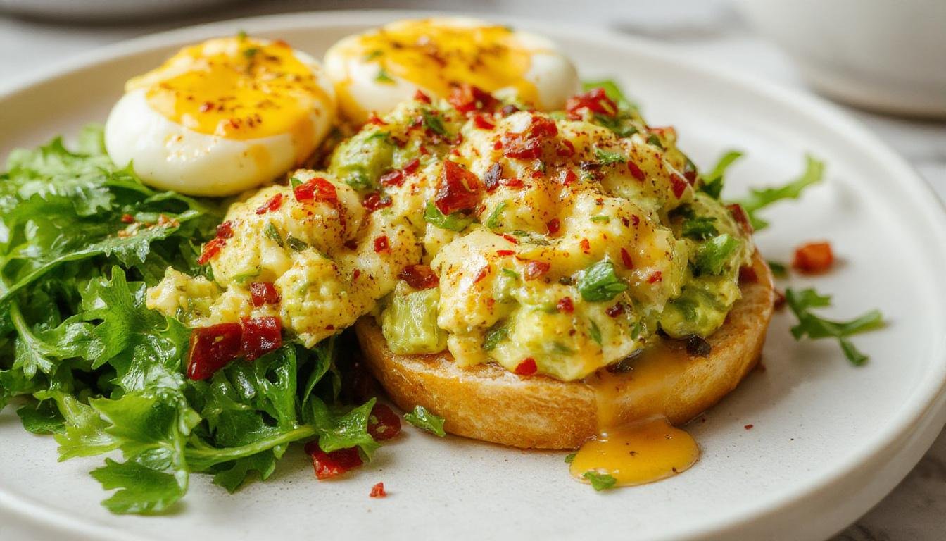 A close-up of a vibrant green avocado egg salad served in a rustic white bowl. The salad features chopped hard-boiled eggs mixed with mashed avocado, garnished with finely chopped herbs and a sprinkle of paprika. The texture appears creamy with visible chunks of egg and smooth avocado, creating an inviting and colorful presentation.