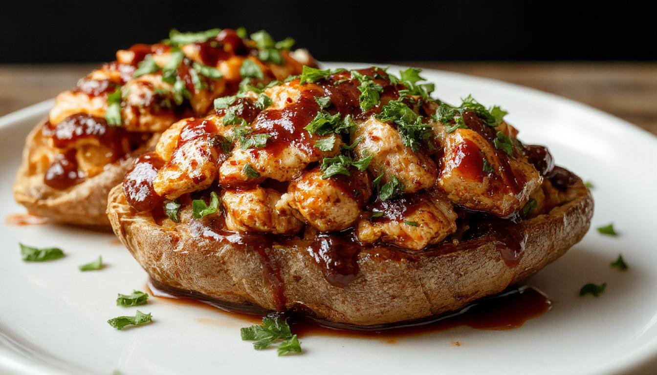 A close-up of halved sweet potatoes topped with shredded BBQ chicken, melted cheese, and garnished with chopped green onions, arranged on a rustic wooden plate. The vibrant orange sweet potato contrasts with the dark, smoky BBQ chicken and bright green onion topping, creating an inviting and hearty presentation.