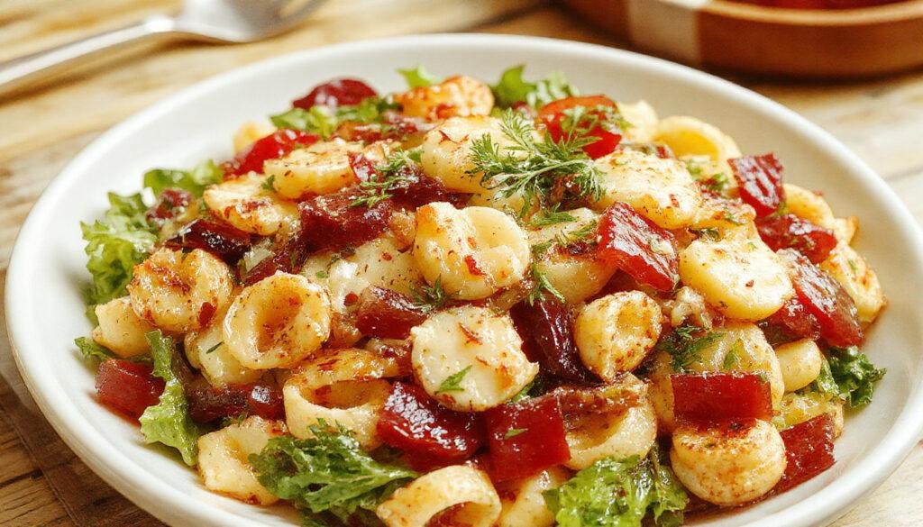 A vibrant bowl of BLT pasta salad featuring spiral pasta topped with crispy bacon pieces, cherry tomatoes, fresh lettuce, and a sprinkling of grated cheese, all mixed in a light dressing. The colorful ingredients are arranged attractively, with the bacon adding a golden-brown texture amidst the bright reds and greens.