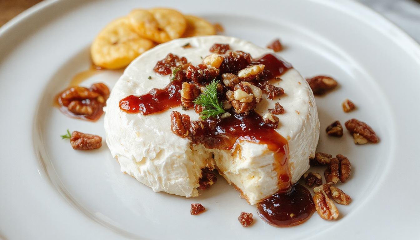 A round of golden-brown baked brie topped with glossy jam and scattered chopped nuts, served on a rustic wooden platter with a slice cut revealing the creamy interior.
