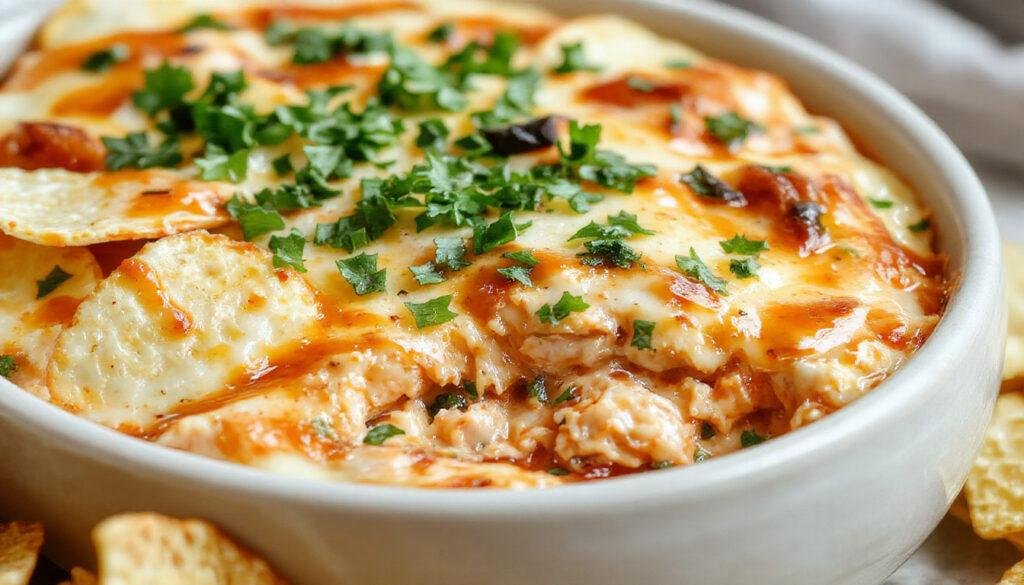A creamy buffalo chicken dip served in a shallow white bowl, topped with chopped green onions and drizzled with buffalo sauce, surrounded by crispy tortilla chips on a rustic wooden platter. The dip has a vibrant orange hue with a slightly bubbly surface and bits of shredded chicken visible.