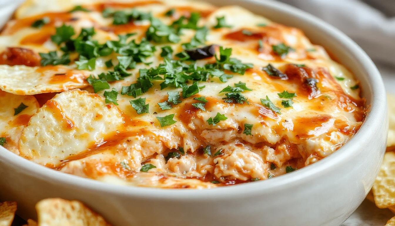 A creamy buffalo chicken dip served in a shallow white bowl, topped with chopped green onions and drizzled with buffalo sauce, surrounded by crispy tortilla chips on a rustic wooden platter. The dip has a vibrant orange hue with a slightly bubbly surface and bits of shredded chicken visible.
