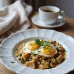 Baked Eggs Florentine plated on a white dish in a cozy home setting with herbs garnish and warm background elements like a blanket and coffee.