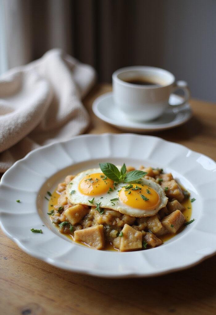 Baked Eggs Florentine plated on a white dish in a cozy home setting with herbs garnish and warm background elements like a blanket and coffee.