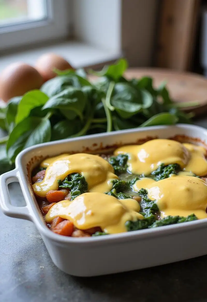 Baked Eggs Florentine baked in a ceramic dish placed on a kitchen counter with fresh ingredients nearby and natural lighting enhancing the scene.
