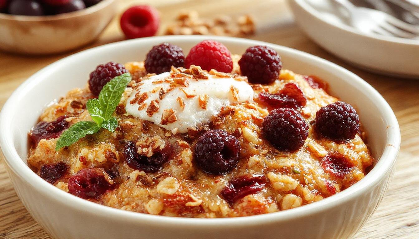 A close-up of a baked oatmeal dish topped with fresh mixed berries, including strawberries, blueberries, and raspberries. The golden-brown crust surrounds a creamy oatmeal base dotted with vibrant red and blue berries, presented in a rustic white ceramic baking dish. The scene highlights the textured topping and colorful fruit, with natural light illuminating the dish's inviting appearance.