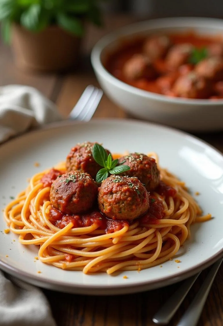 A plated baked spaghetti and meatballs dish with baked meatballs and spaghetti in a rich tomato sauce, garnished with herbs, presented on a plate on a cozy home dining table.