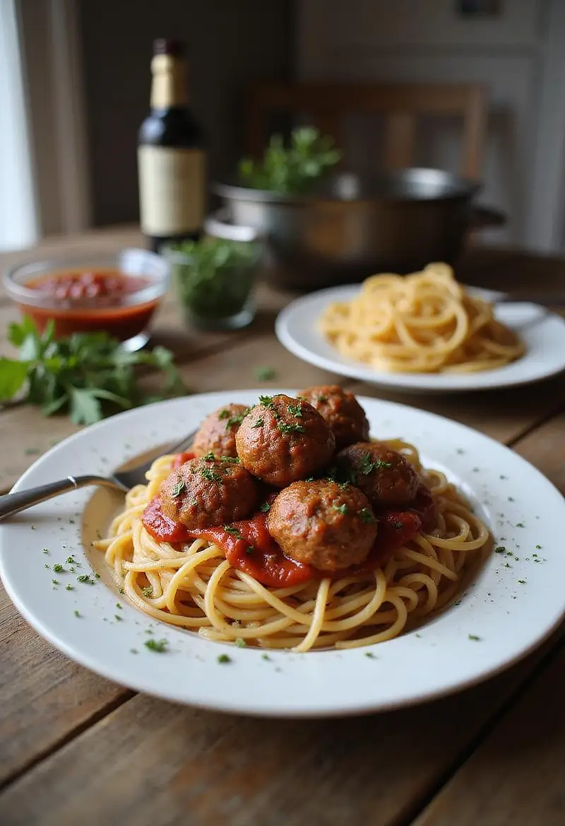 A plate of baked spaghetti and meatballs placed on a kitchen countertop with fresh ingredients nearby, in a bright, home-style kitchen setting.