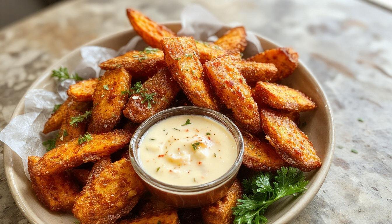 A close-up of crispy baked sweet potato fries arranged on a rustic white plate. The fries have a vibrant orange color with slightly caramelized edges, sprinkled with coarse sea salt and fresh green herbs. In the background, a small bowl of creamy chipotle aioli with a smoky red hue is visible, garnished with chopped cilantro. The presentation emphasizes the crispy texture and inviting appearance of the fries.