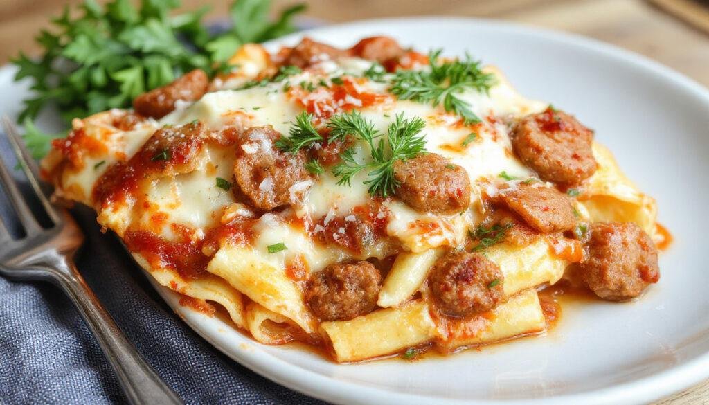 A close-up of a golden-brown baked ziti casserole topped with melted cheese, with visible swirls of ziti pasta, ricotta, and sausage, served in a rustic baking dish.