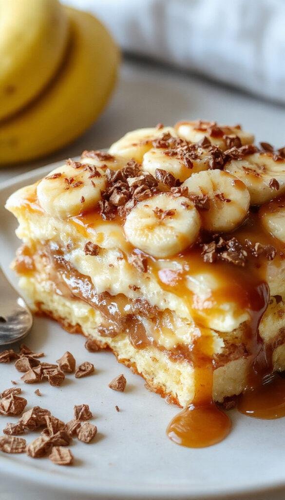 A layered Banana Pudding Tiramisu with caramel drizzle, showcasing mascarpone cream, sliced bananas, ladyfingers, and caramel topping