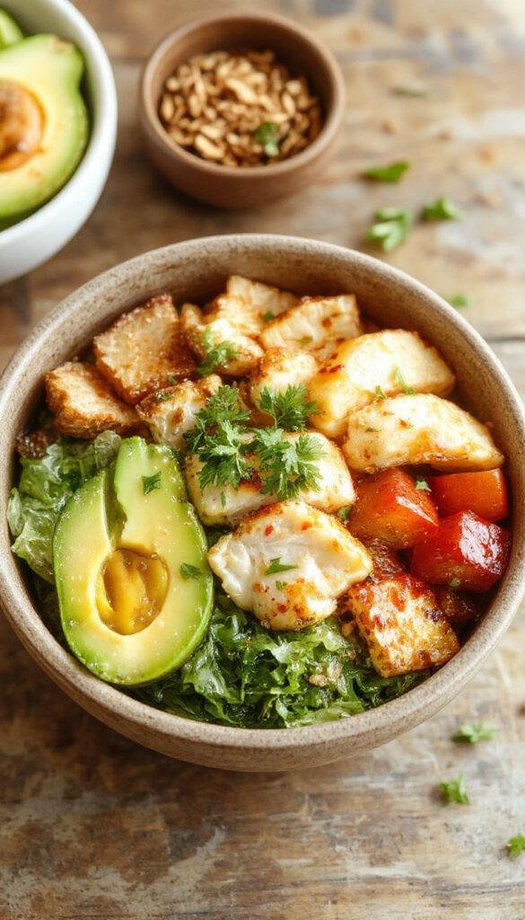 A vibrant Bang Bang Chicken Bowl featuring crispy chicken pieces topped with spicy mayo drizzle, fresh vegetables, and garnished with green onions on a colorful plate.