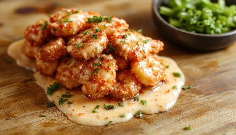 Golden-brown crispy shrimp coated in a creamy orange sauce, arranged on a white plate garnished with green herbs and served with a side of chopped vegetables, with a background of a modern kitchen countertop.