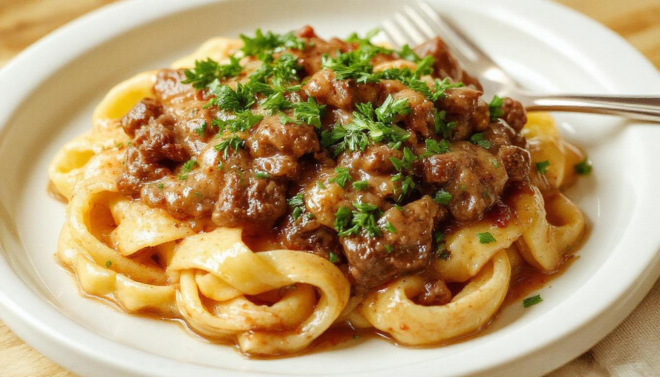 A warm bowl of beef stroganoff featuring tender strips of beef immersed in a creamy brown sauce, garnished with chopped parsley. The dish is served over a bed of al dente egg noodles, with some noodles peeking out from the sauce. The presentation is rustic yet appetizing, with the rich sauce contrasting beautifully against the pale noodles and green garnish.