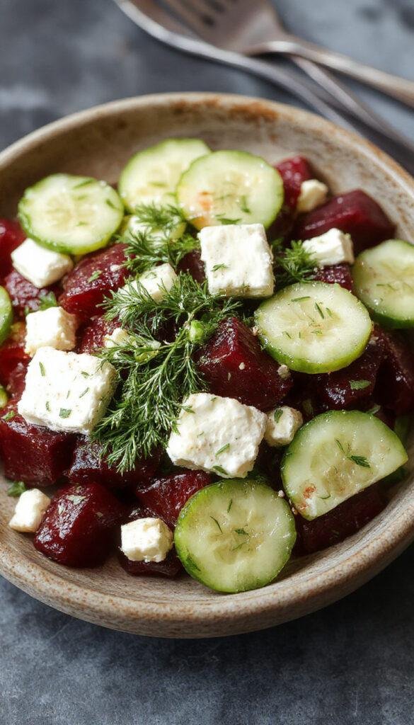 A vibrant beet salad featuring freshly sliced beets, crumbled feta cheese, crisp cucumber slices, and fresh dill sprinkled on top, served on a white plate.