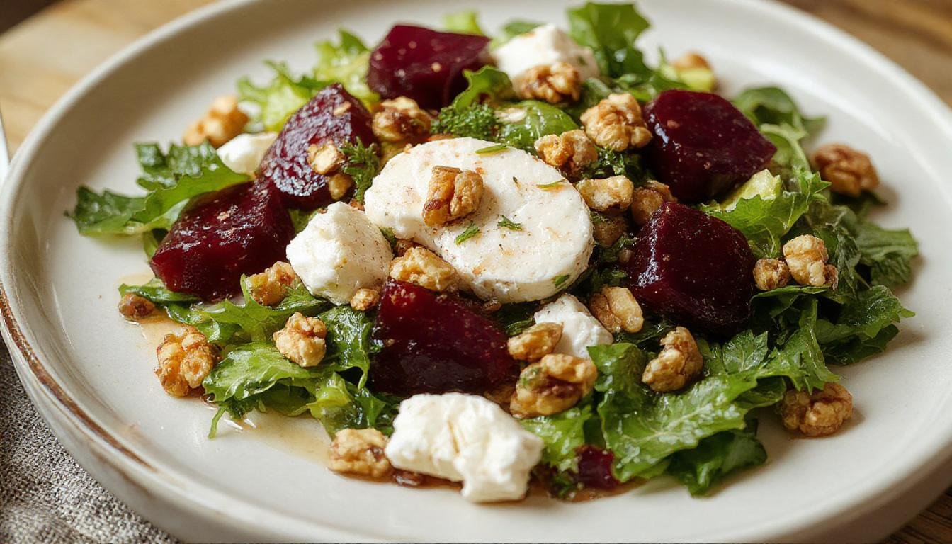 A vibrant beet and goat cheese salad arranged on a white plate. Deep red and purple roasted beet slices topped with crumbled creamy goat cheese and sprinkled with toasted walnuts. Green arugula leaves add freshness, and a drizzle of vinaigrette glistens over the dish, with a rustic wooden background enhancing the presentation.