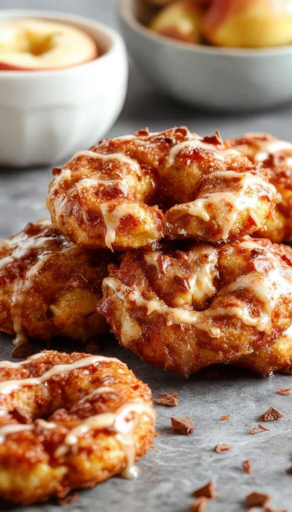 Golden baked apple fritters glazed with shiny caramel atop a white plate, garnished with cinnamon sticks and fresh apple slices, perfect for fall dessert.