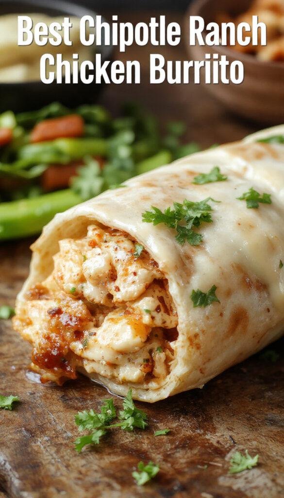 A delicious Chipotle Ranch Chicken Burrito filled with grilled chicken, fresh vegetables, and creamy ranch sauce, wrapped in a flour tortilla.