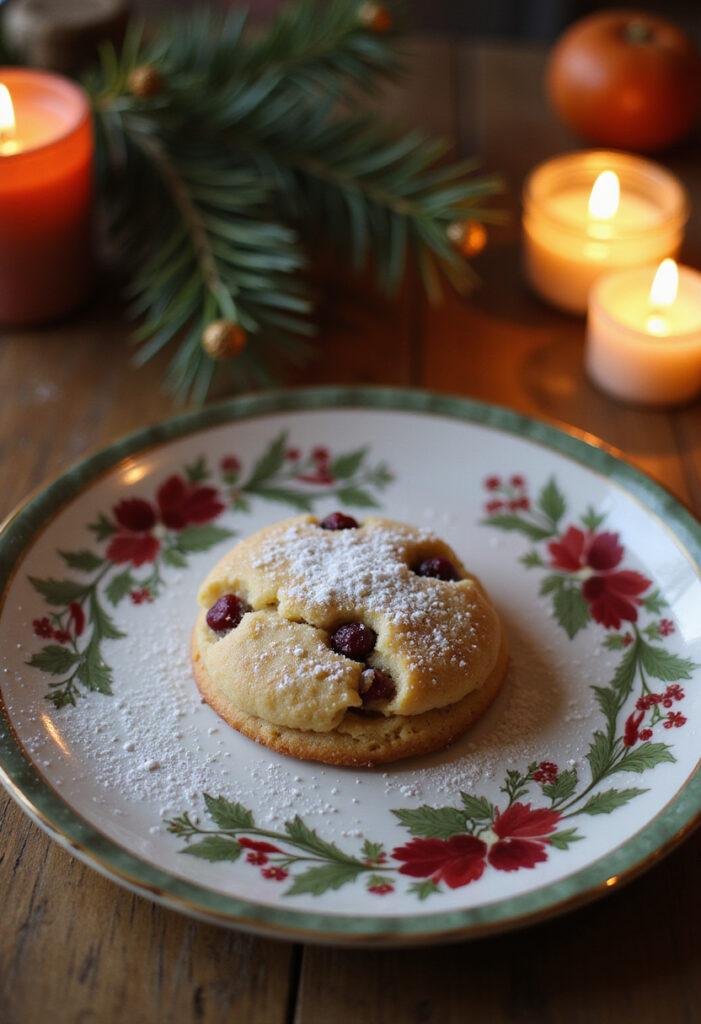 A festive holiday scene featuring a cranberry orange Christmas cookie decorated with powdered sugar, presented on a holiday-themed plate on a cozy wooden table, surrounded by seasonal decorations and warm lighting.