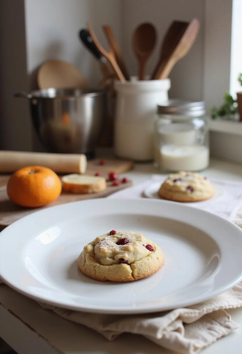 A freshly baked cranberry orange Christmas cookie on a white plate, set on a kitchen counter with baking bowls, utensils, and ingredients visible in the background, highlighting a cozy kitchen setting for holiday baking.