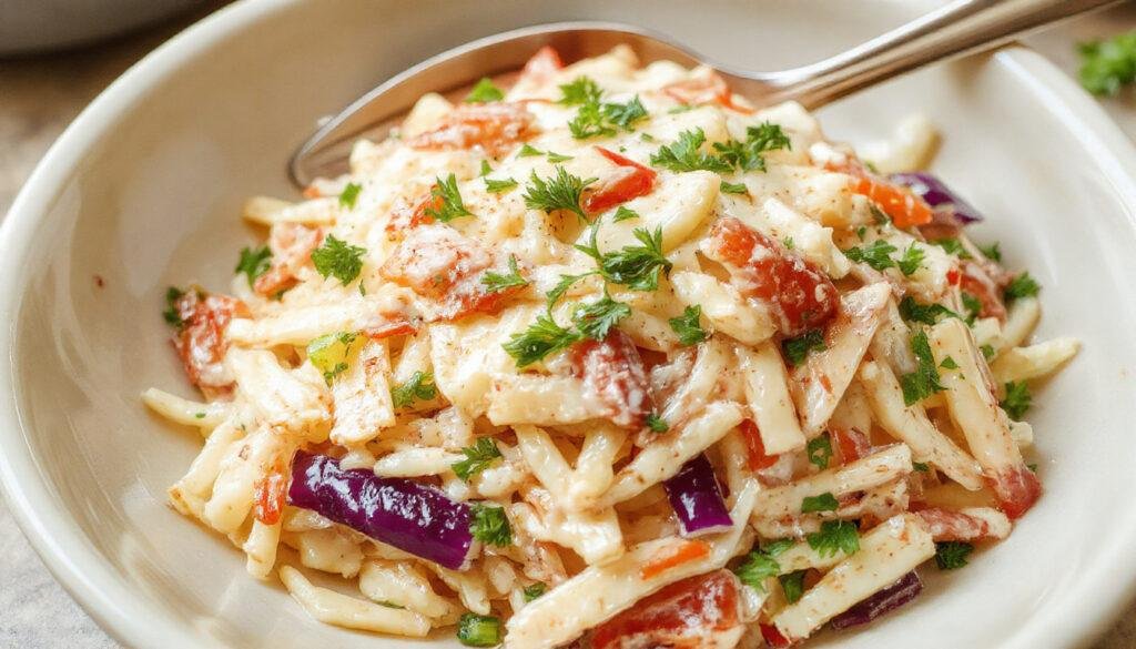 A vibrant bowl of creamy, tangy coleslaw featuring shredded green and purple cabbage, grated carrots, and a creamy dressing, garnished with chopped herbs, presented on a rustic wooden table with a fork resting beside it.