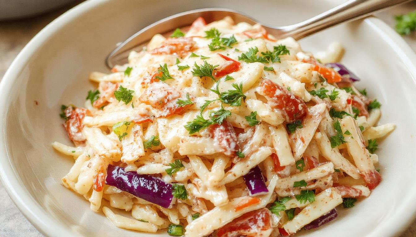 A vibrant bowl of creamy, tangy coleslaw featuring shredded green and purple cabbage, grated carrots, and a creamy dressing, garnished with chopped herbs, presented on a rustic wooden table with a fork resting beside it.