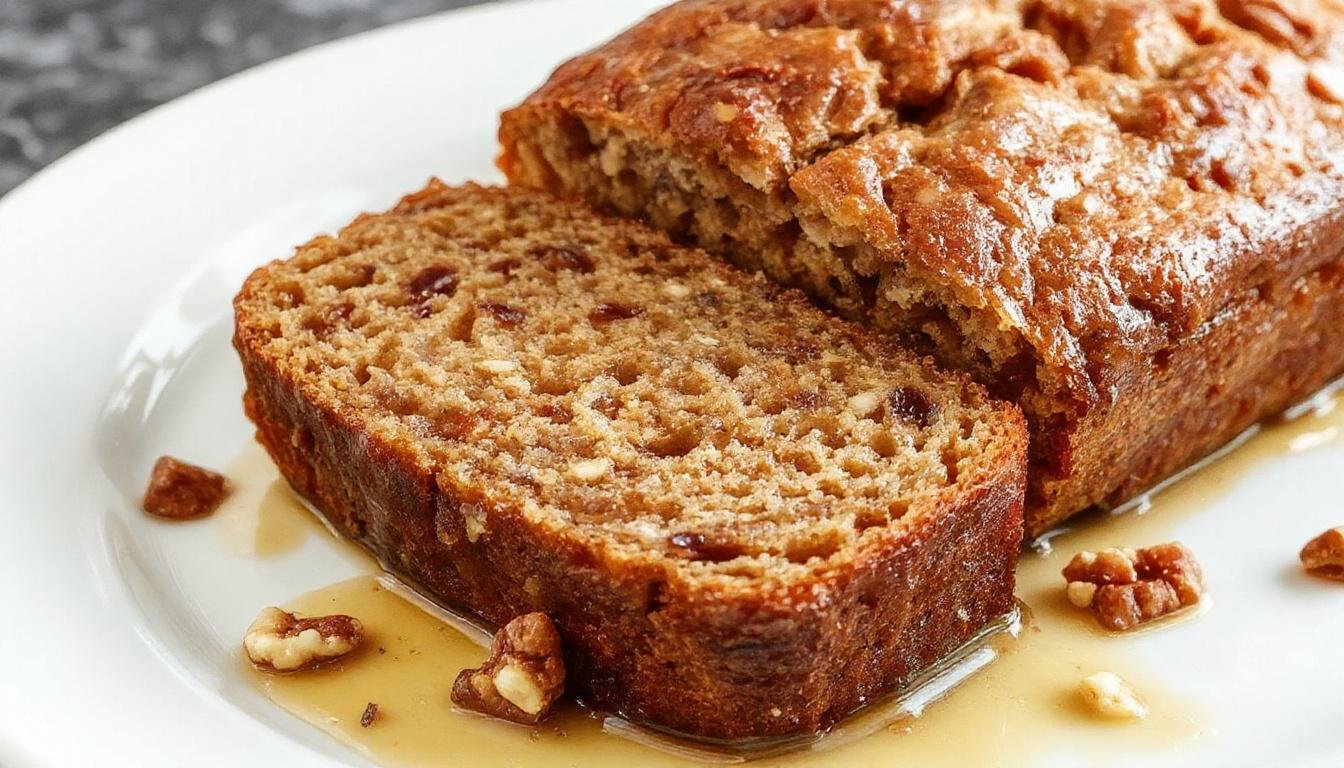A slice of golden-brown banana bread with visible walnut pieces on top, served on a rustic wooden plate with a few walnuts scattered around, the bread's texture looks moist and tender with a slightly cracked crust and generous chunks of banana visible inside.