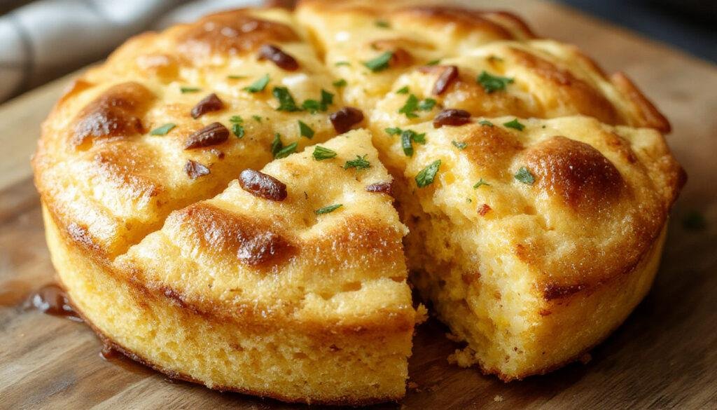Golden-brown cornbread slices arranged on a rustic wooden board, with a slightly crumbly texture visible and a hint of steam rising, complemented by a pat of melting butter on top.