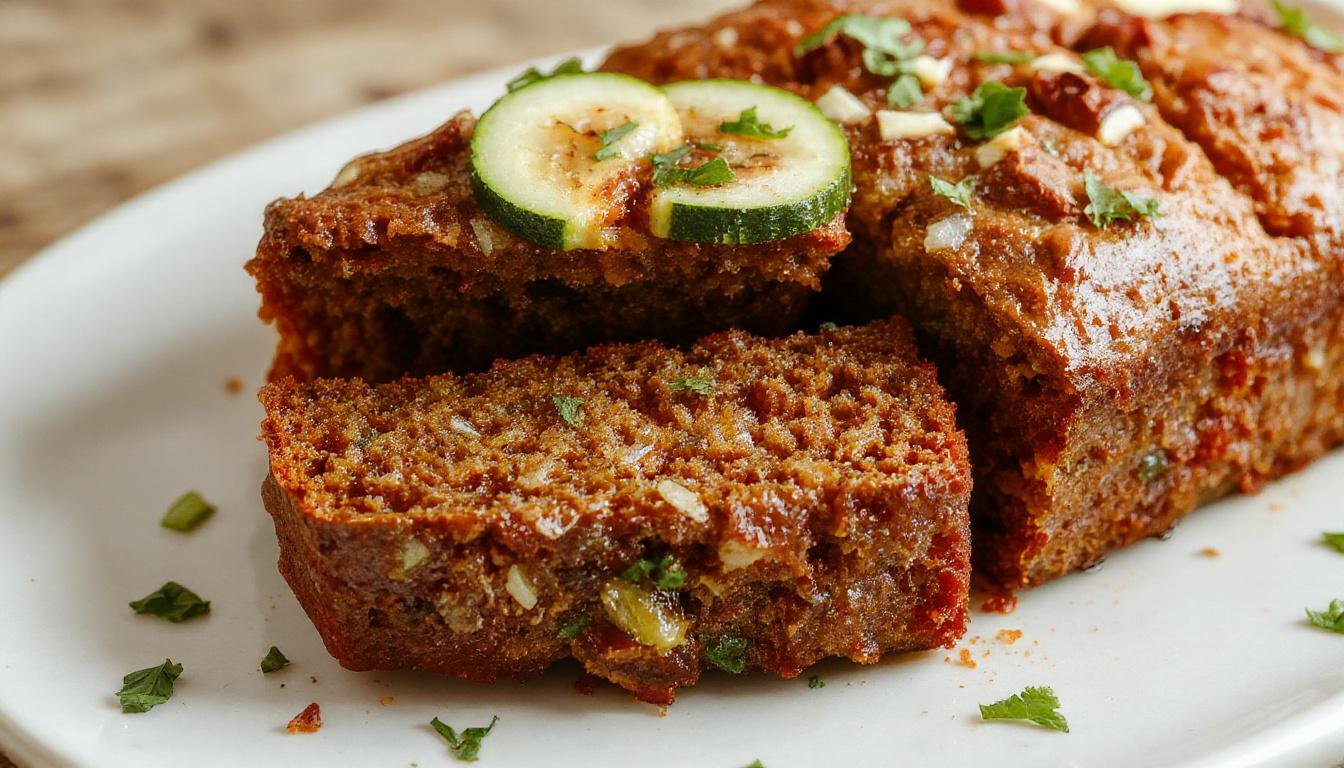 A loaf of golden-brown zucchini bread sliced to reveal moist, speckled interior with flecks of green zucchini. The bread sits on a rustic wooden surface, with a few fresh zucchini and a sprinkle of powdered sugar nearby. The texture appears tender and slightly crumbly with a inviting aroma.
