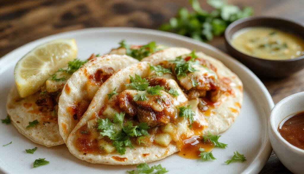 A vibrant plate of birria tacos filled with tender, shredded meat topped with chopped onions and cilantro, served alongside a clear, steaming consomme in a small bowl. The tacos are golden-brown with crispy edges, folded neatly on a rustic plate, with garnishes of lime wedges and sliced radishes in the background.
