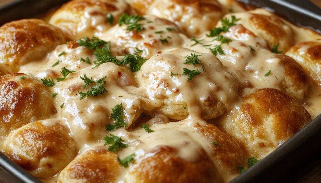 A close-up of a golden-brown biscuit and creamy sausage gravy casserole topped with melted cheese and chopped herbs, served in a rustic baking dish with a portion taken out to reveal its layered texture.