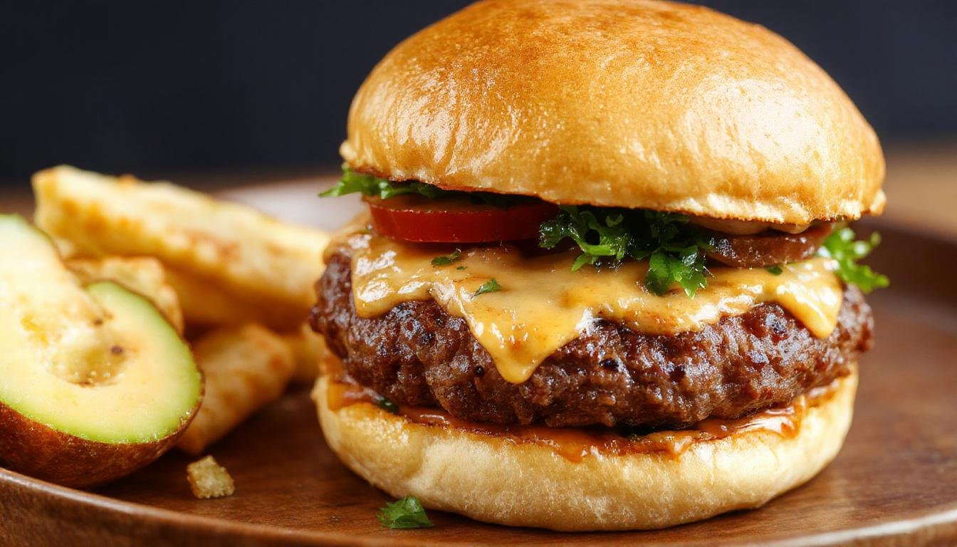 Close-up of a black bean burger with a toasted whole wheat bun, filled with vibrant green lettuce, slices of ripe tomato, and creamy avocado, topped with a drizzle of sauce. The burger patty appears hearty with visible black bean grains, garnished with fresh herbs, all presented on a rustic wooden plate.