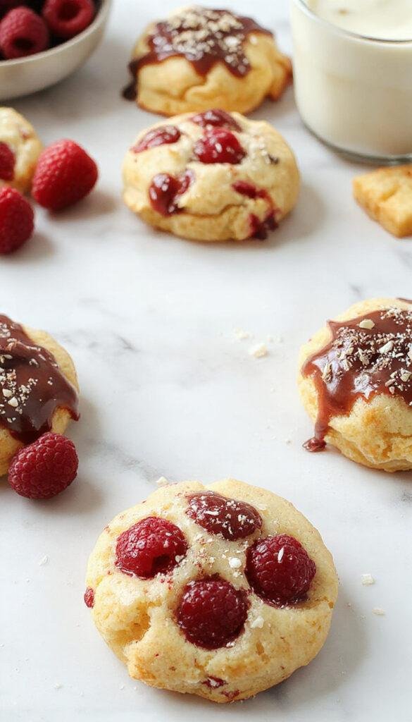 Golden black raspberry and lemon shortbread cookies garnished with fresh raspberries and lemon zest on a rustic wooden plate.