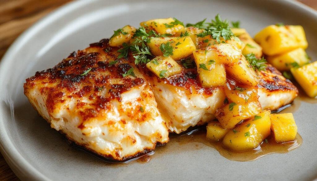 A perfectly blackened fish fillet garnished with fresh mango salsa, vibrant orange and yellow mango pieces, green cilantro, and red pepper flakes on a white plate, with a backdrop of a rustic wooden table and a lime wedge for garnish.