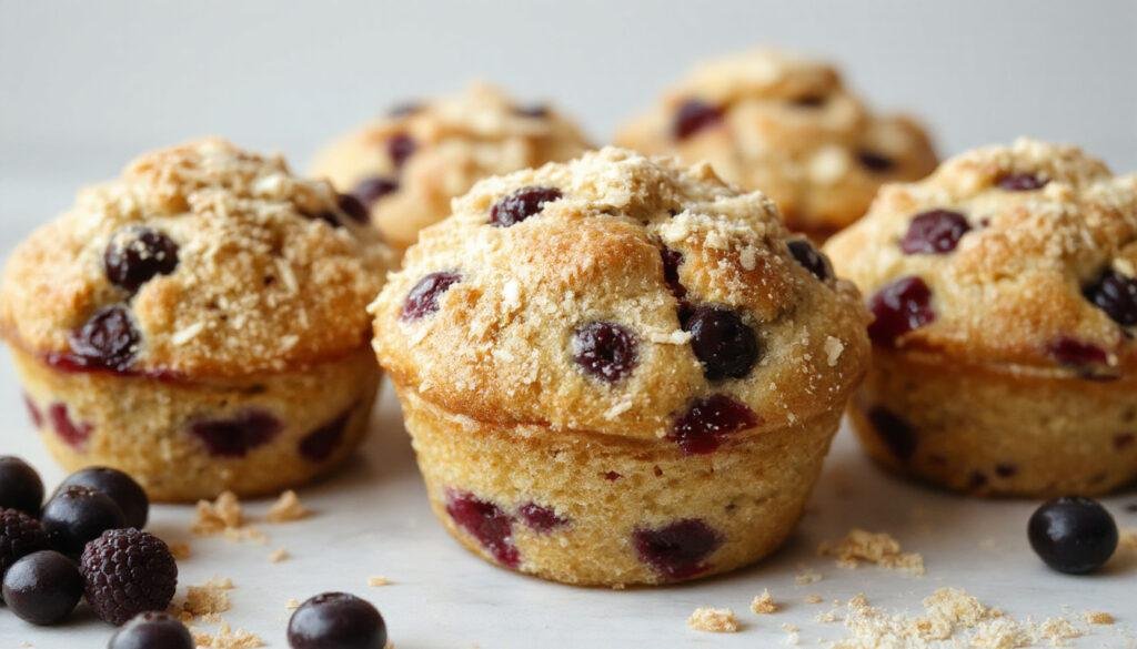 Golden-brown blueberry muffins topped with a crunchy streusel crumble, displayed on a rustic wooden plate. The muffins reveal bursting blueberries inside, with a textured streusel topping speckled with sugar and cinnamon. The background features a soft-focus kitchen setting, emphasizing the warm, inviting appeal of freshly baked muffins.