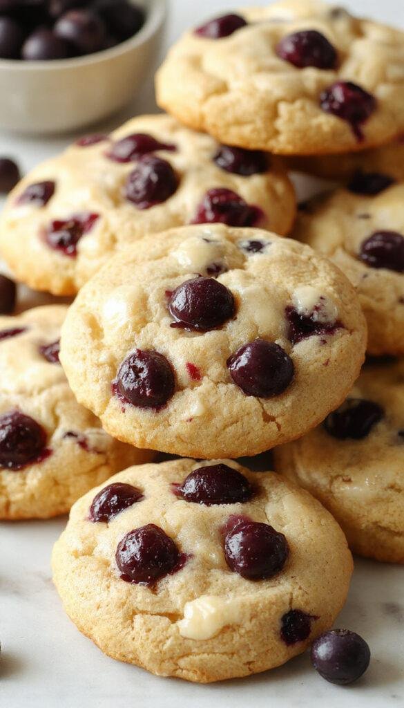 A plate of freshly baked blueberry pie cookies with golden crust and a gooey blueberry filling inside.