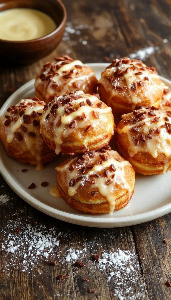 Golden, fluffy Bomboloni alla Crema filled with rich cream, dusted with powdered sugar on a plate.