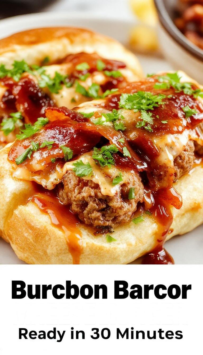 A plate of Bourbon BBQ Bacon Cheeseburger Meatball Subs with melted cheese, crispy bacon, and fresh toppings, served on toasted buns.